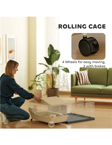 PawHut Small Animal Cage with Removable Pet Playpen, Guinea Pig Cage with Waterproof Pad, Hay Feeder, 108 x 71 x 57cm, Beige