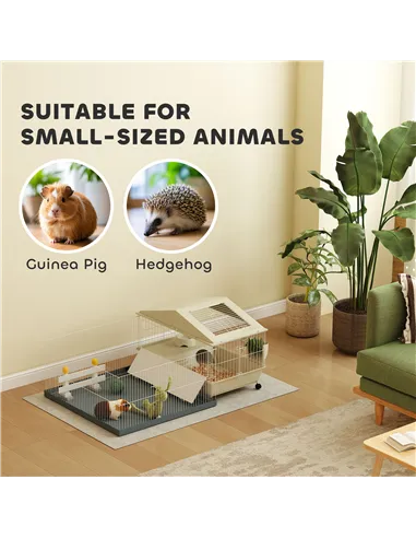 PawHut Small Animal Cage with Removable Pet Playpen, Guinea Pig Cage with Waterproof Pad, Hay Feeder, 108 x 71 x 57cm, Beige