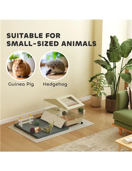 PawHut Small Animal Cage with Removable Pet Playpen, Guinea Pig Cage with Waterproof Pad, Hay Feeder, 108 x 71 x 57cm, Beige