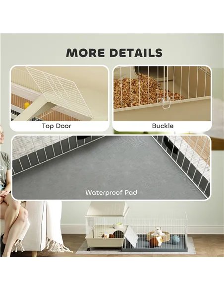 PawHut Small Animal Cage with Removable Pet Playpen, Guinea Pig Cage with Waterproof Pad, Hay Feeder, 108 x 71 x 57cm, Beige