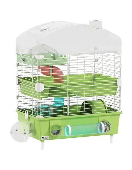 PawHut 3-Tier Hamster Cage with Transparent Top, Sand Bathroom, Exercise Wheel, Hideout Room, Tubes, 45 x 28 x 60 cm, Green