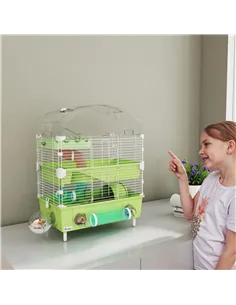 PawHut 3-Tier Hamster Cage with Transparent Top, Sand Bathroom, Exercise Wheel, Hideout Room, Tubes, 45 x 28 x 60 cm, Green 2