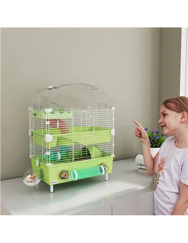 PawHut 3-Tier Hamster Cage with Transparent Top, Sand Bathroom, Exercise Wheel, Hideout Room, Tubes, 45 x 28 x 60 cm, Green