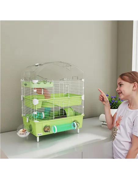 PawHut 3-Tier Hamster Cage with Transparent Top, Sand Bathroom, Exercise Wheel, Hideout Room, Tubes, 45 x 28 x 60 cm, Green