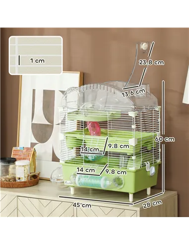 PawHut 3-Tier Hamster Cage with Transparent Top, Sand Bathroom, Exercise Wheel, Hideout Room, Tubes, 45 x 28 x 60 cm, Green