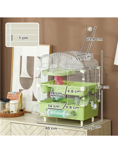 PawHut 3-Tier Hamster Cage with Transparent Top, Sand Bathroom, Exercise Wheel, Hideout Room, Tubes, 45 x 28 x 60 cm, Green