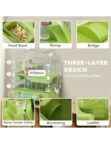 PawHut 3-Tier Hamster Cage with Transparent Top, Sand Bathroom, Exercise Wheel, Hideout Room, Tubes, 45 x 28 x 60 cm, Green