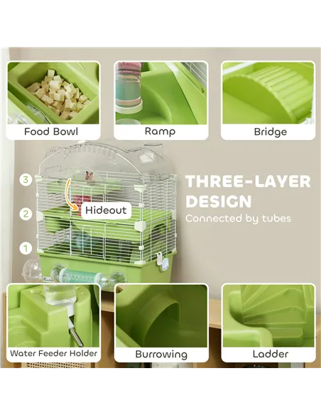PawHut 3-Tier Hamster Cage with Transparent Top, Sand Bathroom, Exercise Wheel, Hideout Room, Tubes, 45 x 28 x 60 cm, Green