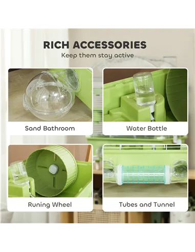 PawHut 3-Tier Hamster Cage with Transparent Top, Sand Bathroom, Exercise Wheel, Hideout Room, Tubes, 45 x 28 x 60 cm, Green
