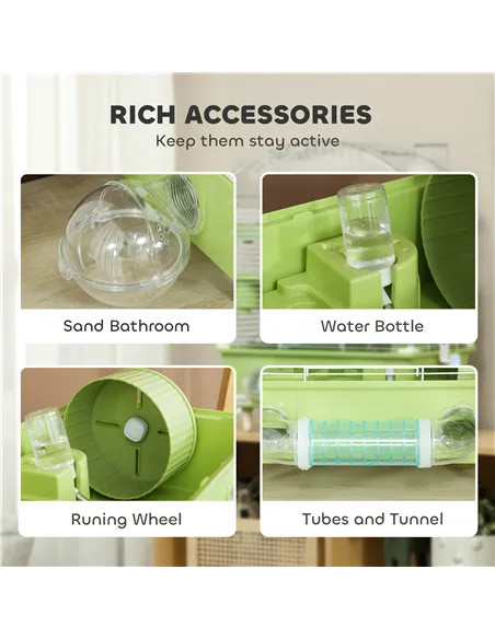 PawHut 3-Tier Hamster Cage with Transparent Top, Sand Bathroom, Exercise Wheel, Hideout Room, Tubes, 45 x 28 x 60 cm, Green