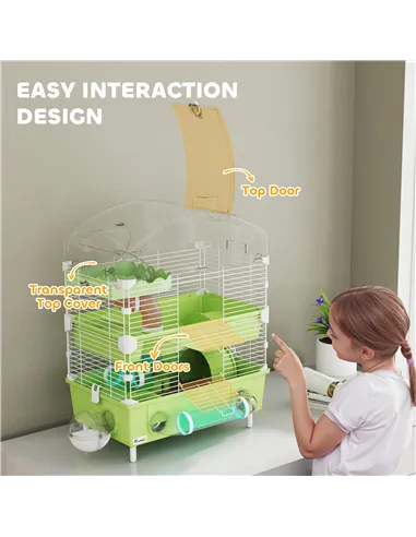 PawHut 3-Tier Hamster Cage with Transparent Top, Sand Bathroom, Exercise Wheel, Hideout Room, Tubes, 45 x 28 x 60 cm, Green