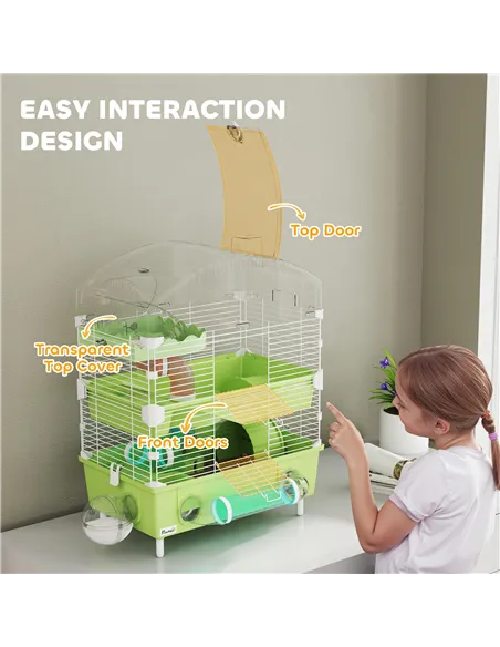 PawHut 3-Tier Hamster Cage with Transparent Top, Sand Bathroom, Exercise Wheel, Hideout Room, Tubes, 45 x 28 x 60 cm, Green
