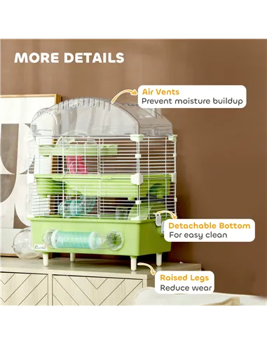 PawHut 3-Tier Hamster Cage with Transparent Top, Sand Bathroom, Exercise Wheel, Hideout Room, Tubes, 45 x 28 x 60 cm, Green