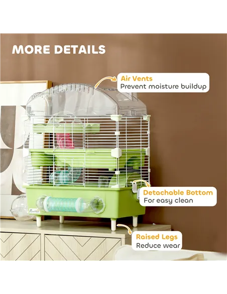 PawHut 3-Tier Hamster Cage with Transparent Top, Sand Bathroom, Exercise Wheel, Hideout Room, Tubes, 45 x 28 x 60 cm, Green