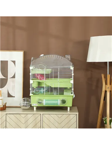 PawHut 3-Tier Hamster Cage with Transparent Top, Sand Bathroom, Exercise Wheel, Hideout Room, Tubes, 45 x 28 x 60 cm, Green