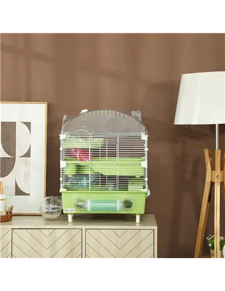 PawHut 3-Tier Hamster Cage with Transparent Top, Sand Bathroom, Exercise Wheel, Hideout Room, Tubes, 45 x 28 x 60 cm, Green