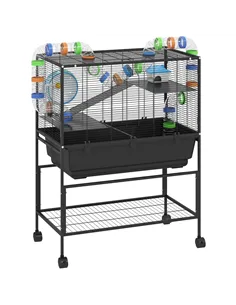 PawHut 3 Tier Large Hamster Cage on Wheels with 17 cm Deep Tray, Storage Shelf for Syrian, Gerbil, Rats