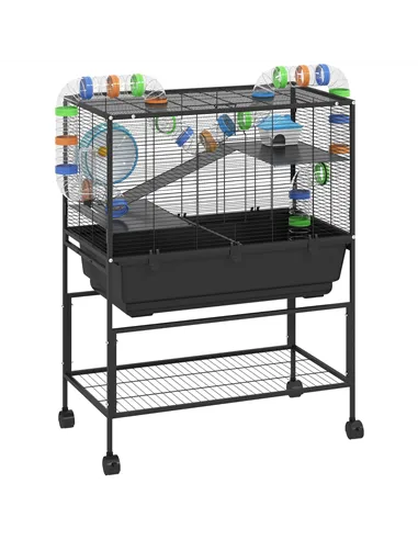 PawHut 3 Tier Large Hamster Cage on Wheels with 17 cm Deep Tray, Storage Shelf for Syrian, Gerbil, Rats