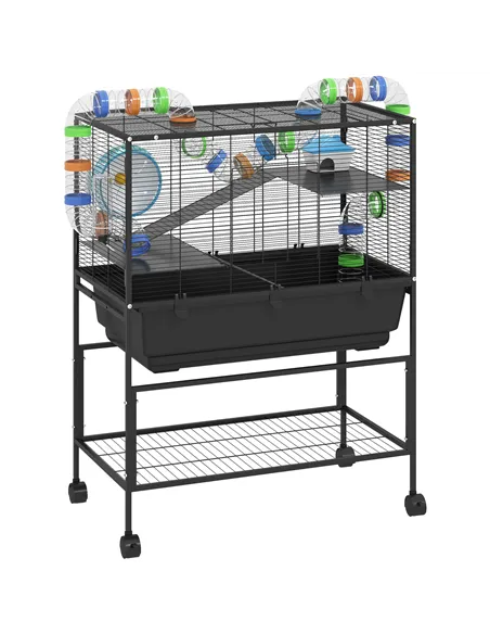 PawHut 3 Tier Large Hamster Cage on Wheels with 17 cm Deep Tray, Storage Shelf for Syrian, Gerbil, Rats
