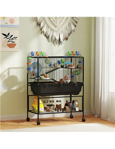 PawHut 3 Tier Large Hamster Cage on Wheels with 17 cm Deep Tray, Storage Shelf for Syrian, Gerbil, Rats