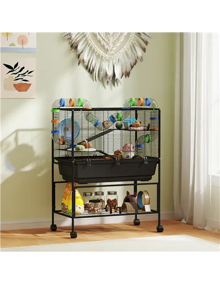 PawHut 3 Tier Large Hamster Cage on Wheels with 17 cm Deep Tray, Storage Shelf for Syrian, Gerbil, Rats