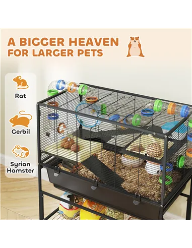 PawHut 3 Tier Large Hamster Cage on Wheels with 17 cm Deep Tray, Storage Shelf for Syrian, Gerbil, Rats