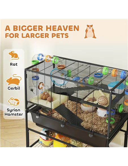 PawHut 3 Tier Large Hamster Cage on Wheels with 17 cm Deep Tray, Storage Shelf for Syrian, Gerbil, Rats