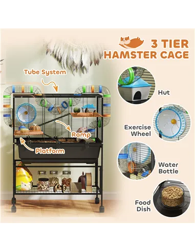 PawHut 3 Tier Large Hamster Cage on Wheels with 17 cm Deep Tray, Storage Shelf for Syrian, Gerbil, Rats