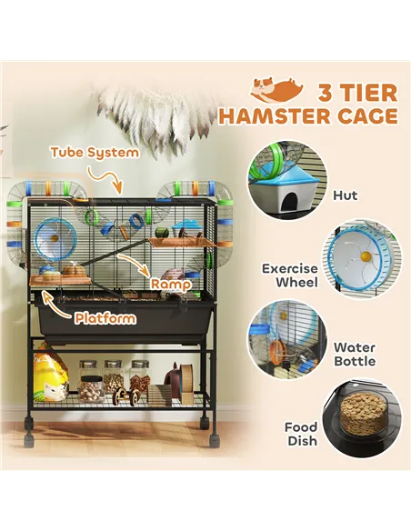 PawHut 3 Tier Large Hamster Cage on Wheels with 17 cm Deep Tray, Storage Shelf for Syrian, Gerbil, Rats