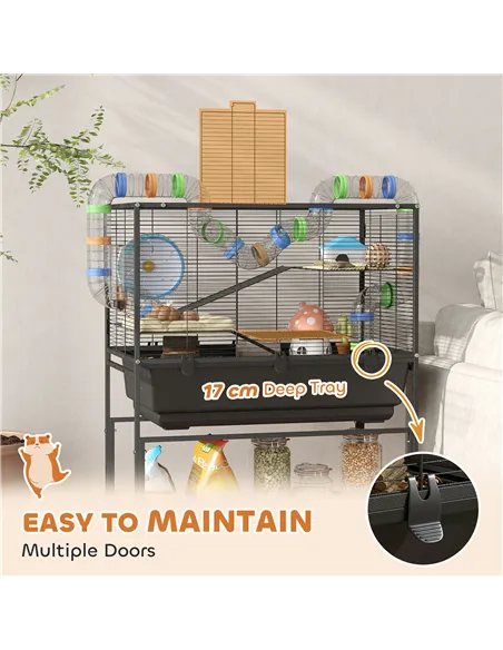 PawHut 3 Tier Large Hamster Cage on Wheels with 17 cm Deep Tray, Storage Shelf for Syrian, Gerbil, Rats