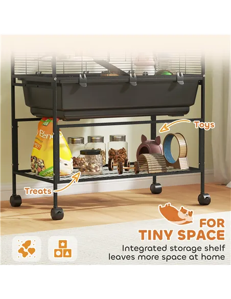 PawHut 3 Tier Large Hamster Cage on Wheels with 17 cm Deep Tray, Storage Shelf for Syrian, Gerbil, Rats