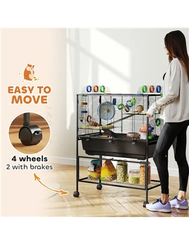 PawHut 3 Tier Large Hamster Cage on Wheels with 17 cm Deep Tray, Storage Shelf for Syrian, Gerbil, Rats