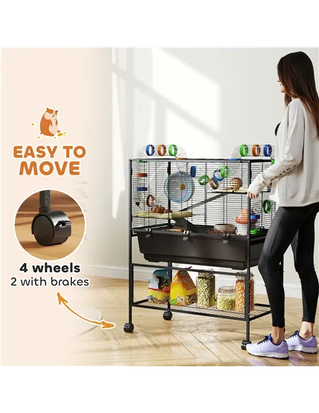 PawHut 3 Tier Large Hamster Cage on Wheels with 17 cm Deep Tray, Storage Shelf for Syrian, Gerbil, Rats