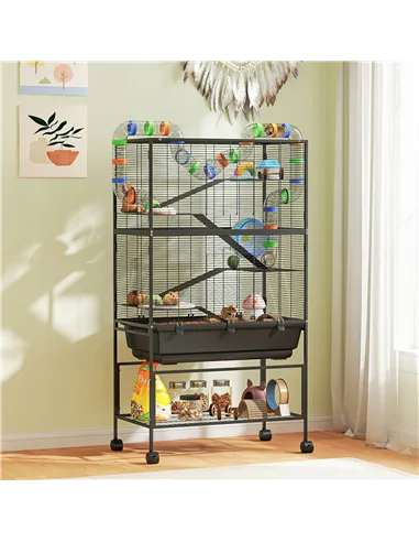 PawHut 5 Tier Large Hamster Cage on Wheels with 17 cm Deep Tray, Storage Shelf for Syrian, Gerbil, Rats