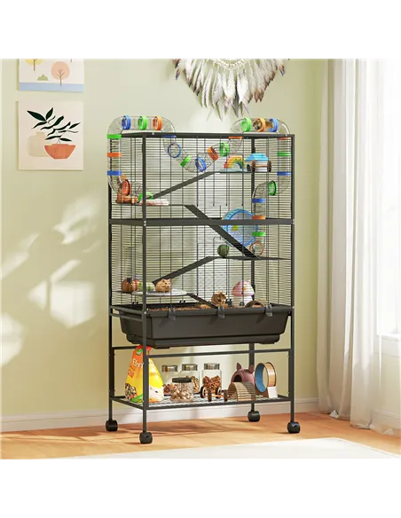 PawHut 5 Tier Large Hamster Cage on Wheels with 17 cm Deep Tray, Storage Shelf for Syrian, Gerbil, Rats