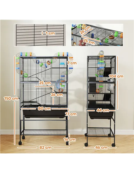 PawHut 5 Tier Large Hamster Cage on Wheels with 17 cm Deep Tray, Storage Shelf for Syrian, Gerbil, Rats
