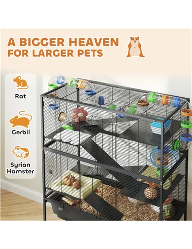 PawHut 5 Tier Large Hamster Cage on Wheels with 17 cm Deep Tray, Storage Shelf for Syrian, Gerbil, Rats