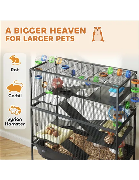 PawHut 5 Tier Large Hamster Cage on Wheels with 17 cm Deep Tray, Storage Shelf for Syrian, Gerbil, Rats