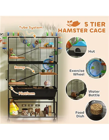 PawHut 5 Tier Large Hamster Cage on Wheels with 17 cm Deep Tray, Storage Shelf for Syrian, Gerbil, Rats