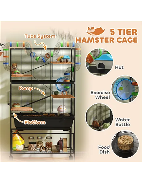 PawHut 5 Tier Large Hamster Cage on Wheels with 17 cm Deep Tray, Storage Shelf for Syrian, Gerbil, Rats