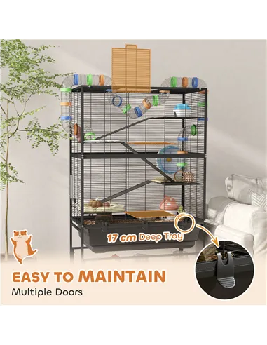 PawHut 5 Tier Large Hamster Cage on Wheels with 17 cm Deep Tray, Storage Shelf for Syrian, Gerbil, Rats