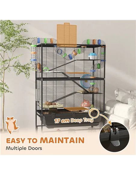 PawHut 5 Tier Large Hamster Cage on Wheels with 17 cm Deep Tray, Storage Shelf for Syrian, Gerbil, Rats