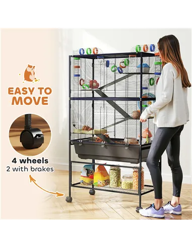 PawHut 5 Tier Large Hamster Cage on Wheels with 17 cm Deep Tray, Storage Shelf for Syrian, Gerbil, Rats