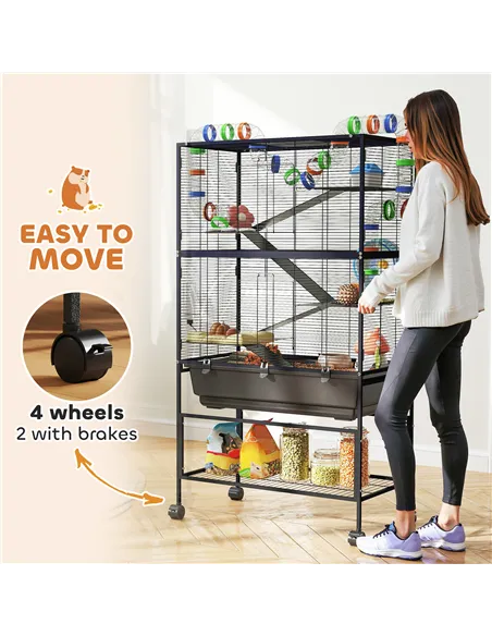 PawHut 5 Tier Large Hamster Cage on Wheels with 17 cm Deep Tray, Storage Shelf for Syrian, Gerbil, Rats