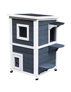 PawHut Wooden Cat House 2-Floor Outdoor Kitten Shelter with Window Grey