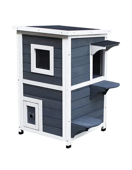 PawHut Wooden Cat House 2-Floor Outdoor Kitten Shelter with Window Grey