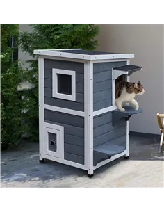 PawHut Wooden Cat House 2-Floor Outdoor Kitten Shelter with Window Grey 2