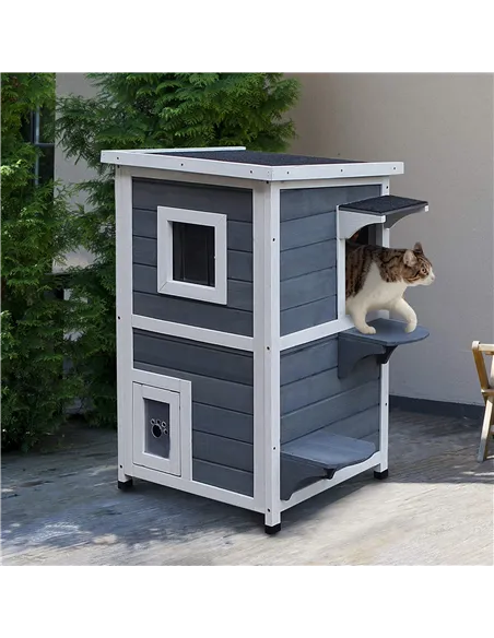 PawHut Wooden Cat House 2-Floor Outdoor Kitten Shelter with Window Grey