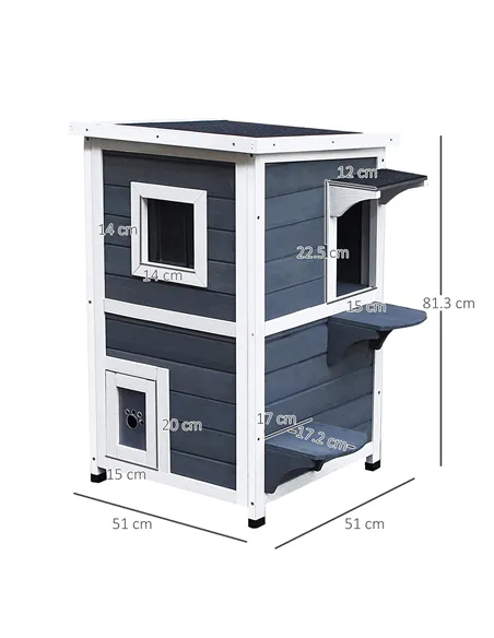 PawHut Wooden Cat House 2-Floor Outdoor Kitten Shelter with Window Grey
