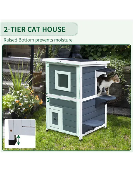PawHut Wooden Cat House 2-Floor Outdoor Kitten Shelter with Window Grey
